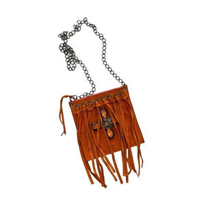 Orange Suede Fringe Bag Crystal Cross